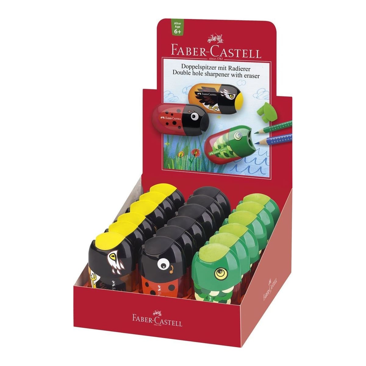 Display 18 Ascutitori Asortate Pestisor-buburuza-vultur Faber-castell