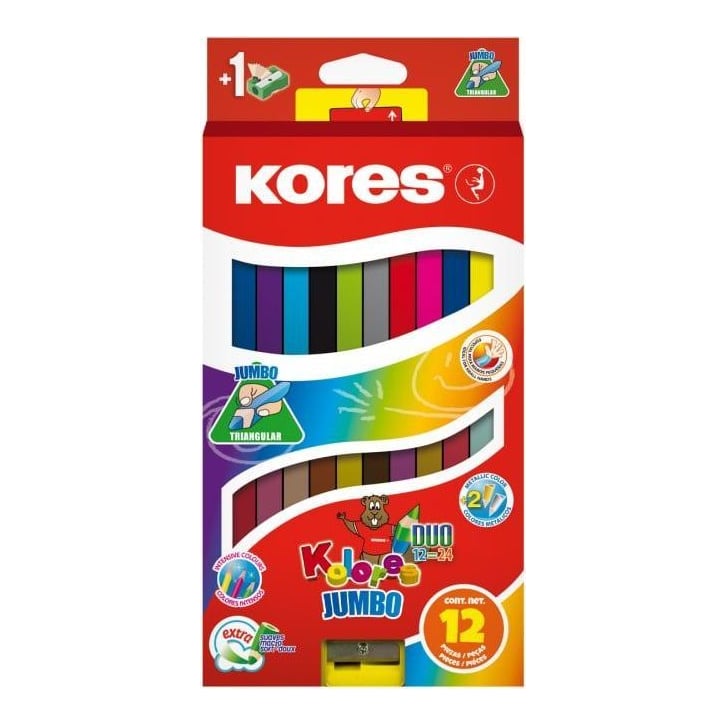 Creioane Colorate 12 Culori + Ascutit. Triunghiulare Jumbo Kores