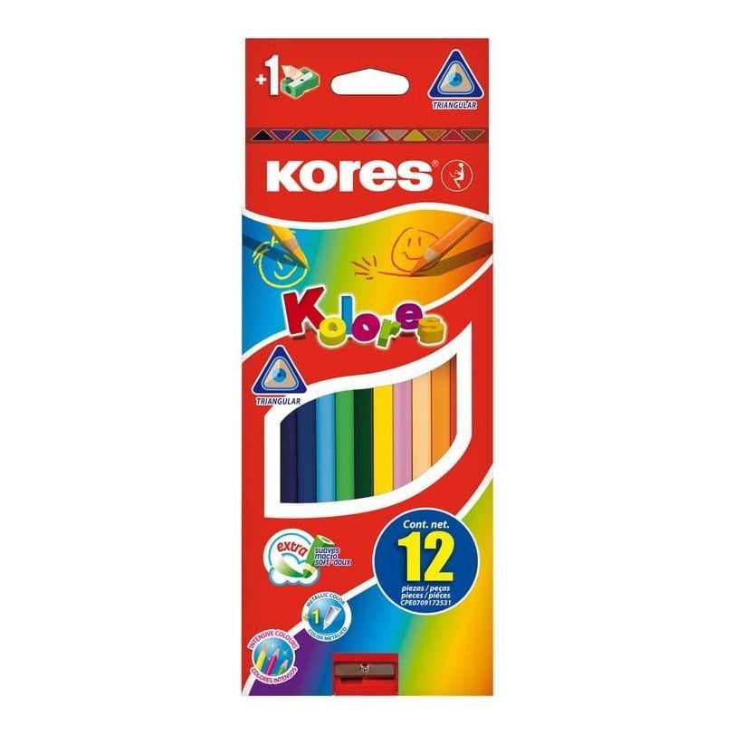 Creioane Colorate 12 Culori + Ascutitoare Triunghiulare Kores