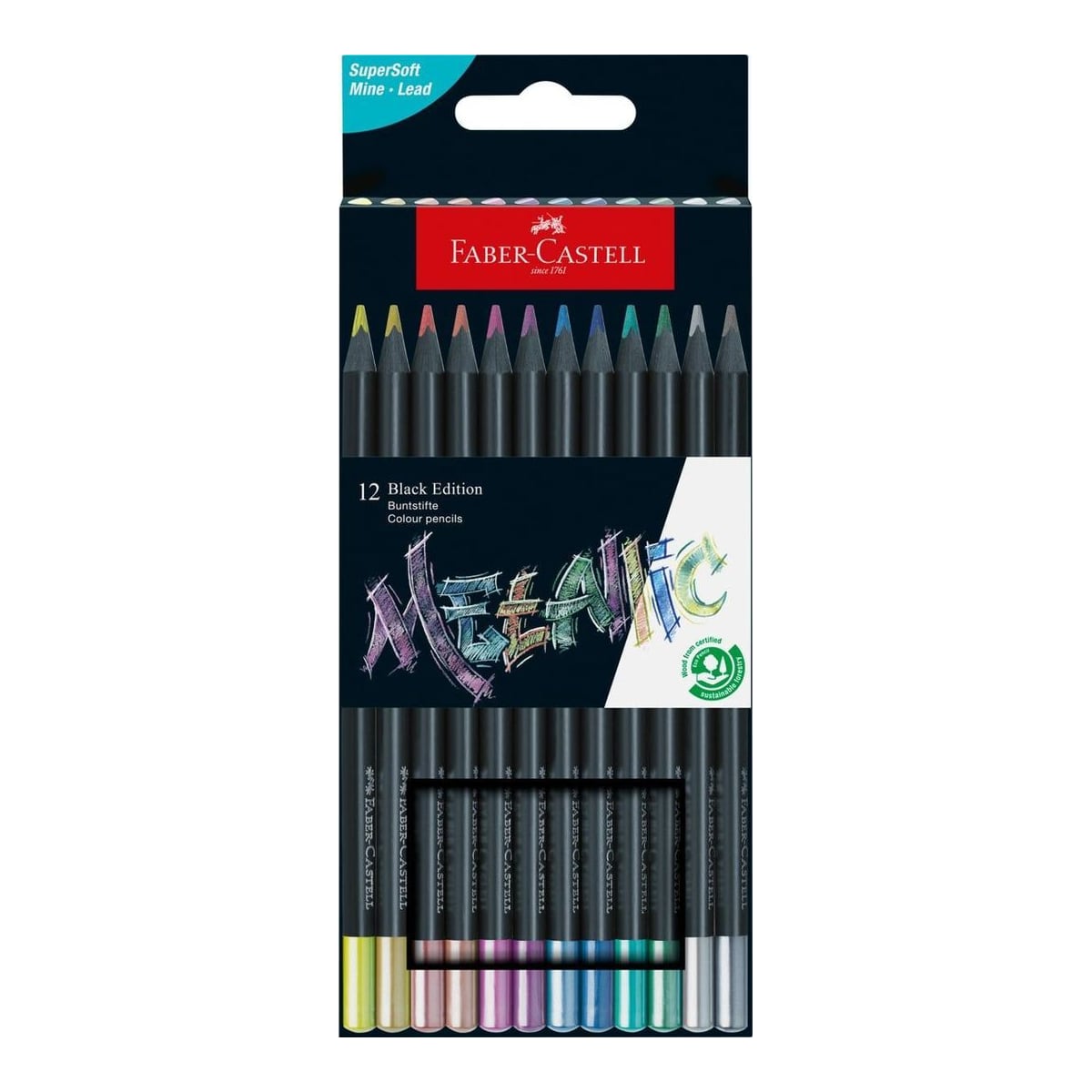 Creioane Colorate 12 Culori Metalizate Black Edition Faber-castell
