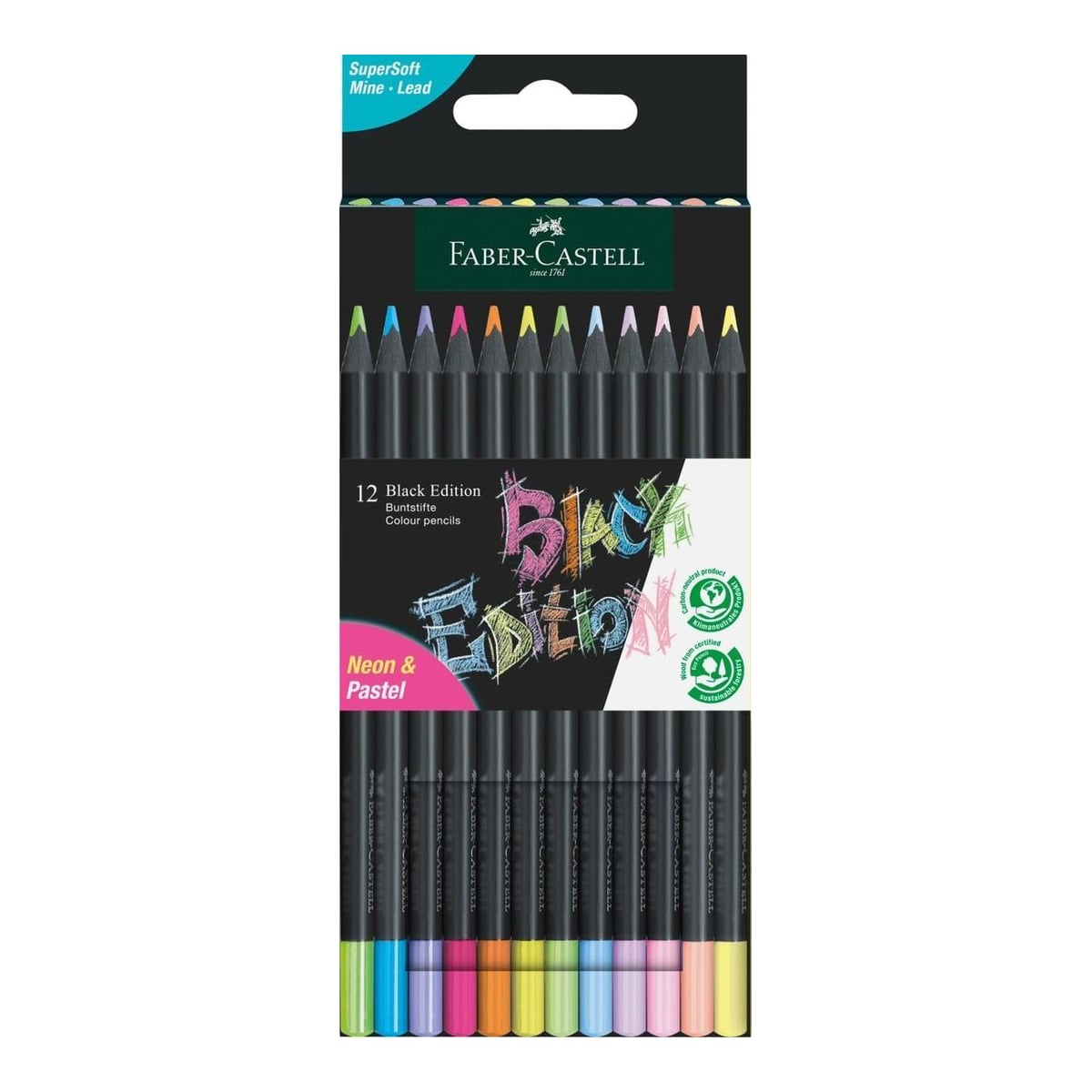 Creioane Colorate 12 Culori Pastel+ Neon Black Edition Faber-castell