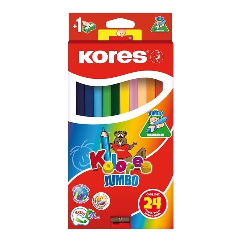 Creioane Colorate 24 Culori + Ascutit. Triunghiulare Jumbo Kores