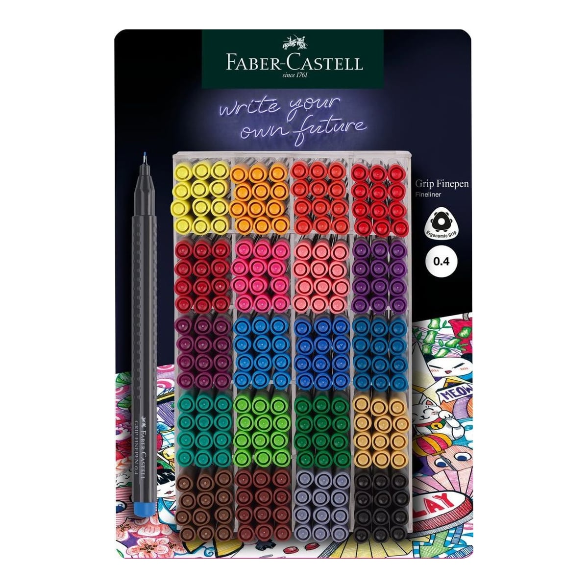 Display 300 Buc Liner Grip 0.4MM Diverse Culori Faber-castell