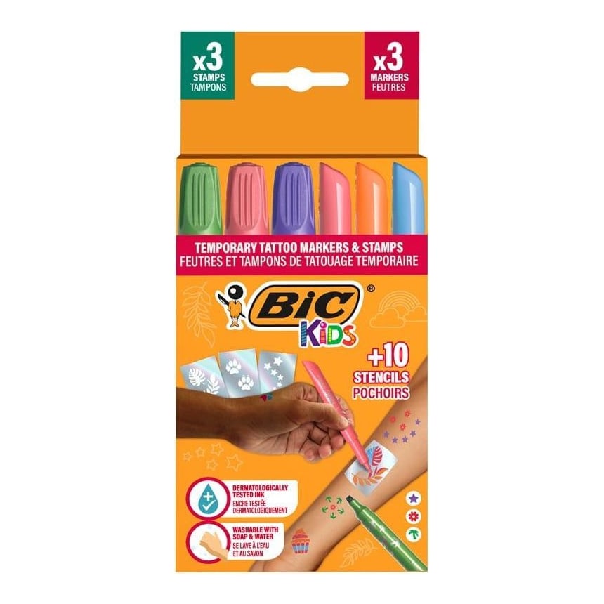 Marker Tattoo Kids Set 3 Markere + 3 Stampile + 10 Sabloane Bic