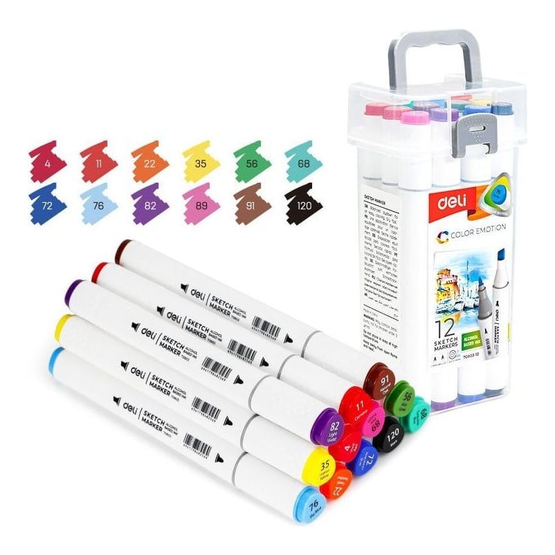Set 12 Markere Sketching Varf Dublu Rotund 1MM/Tesit 7MM Cut Plastic Color Emotion Deli