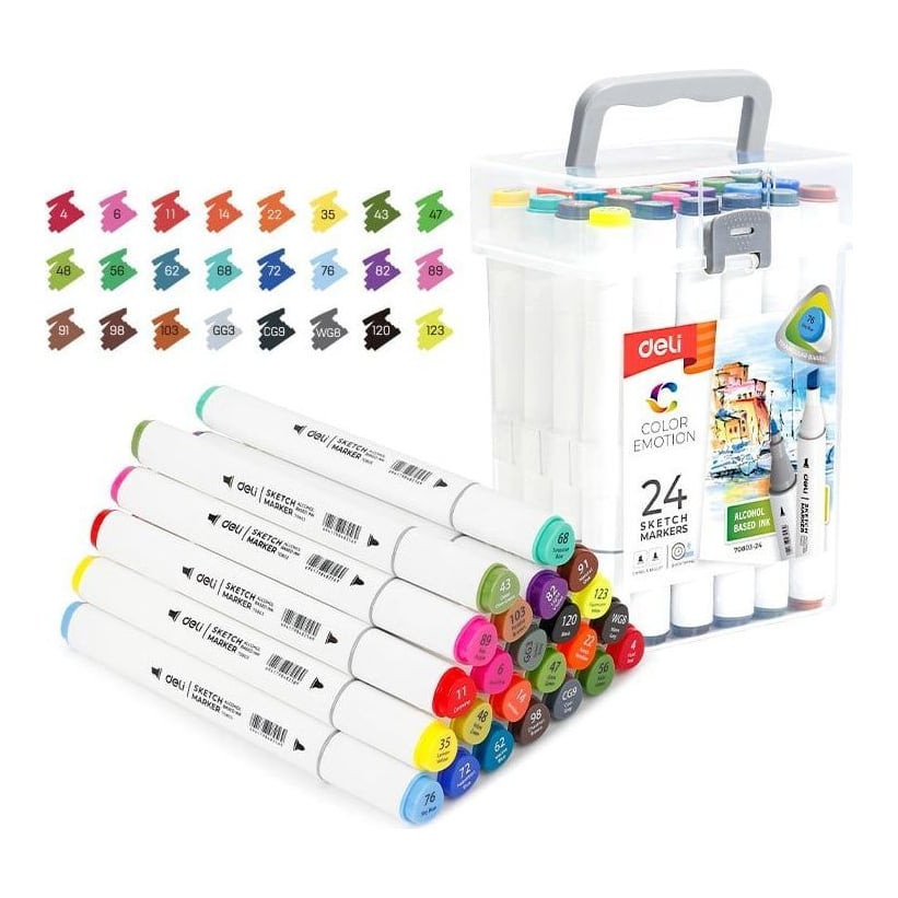 Set 24 Markere Sketching Varf Dublu Rotund 1MM/Tesit 7MM Cut Plastic Color Emotion Deli