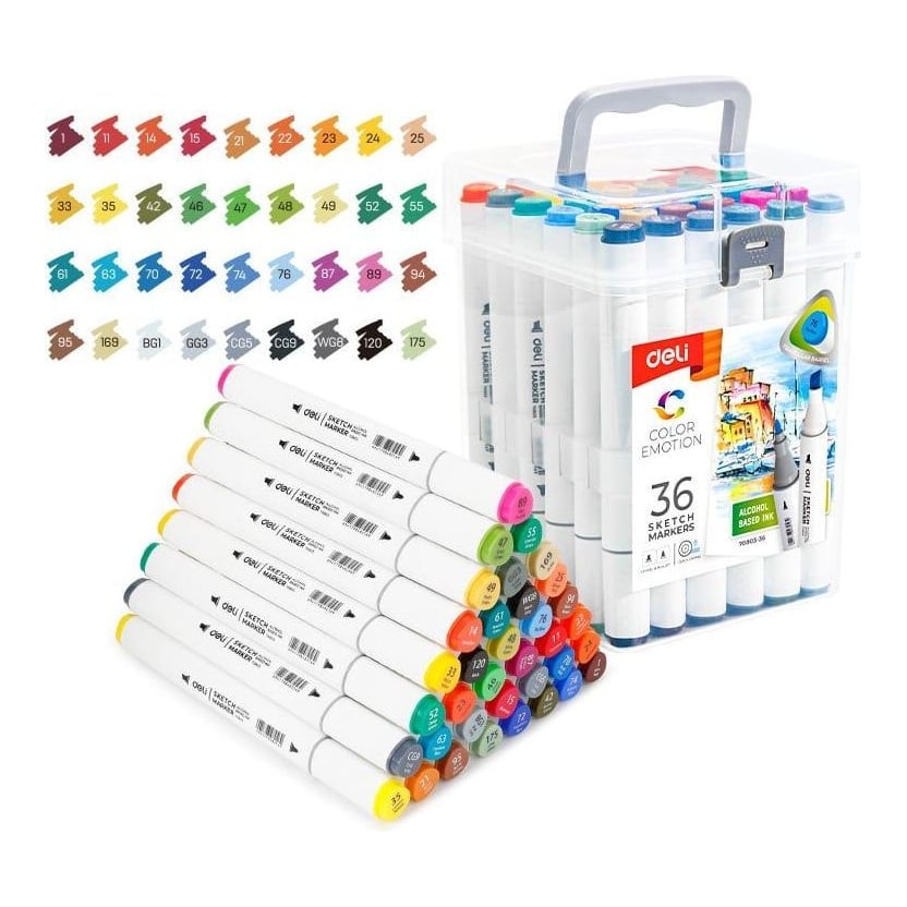 Set 36 Markere Sketching Varf Dublu Rotund 1MM/Tesit 7MM Cutie Plastic Color Emotion Deli
