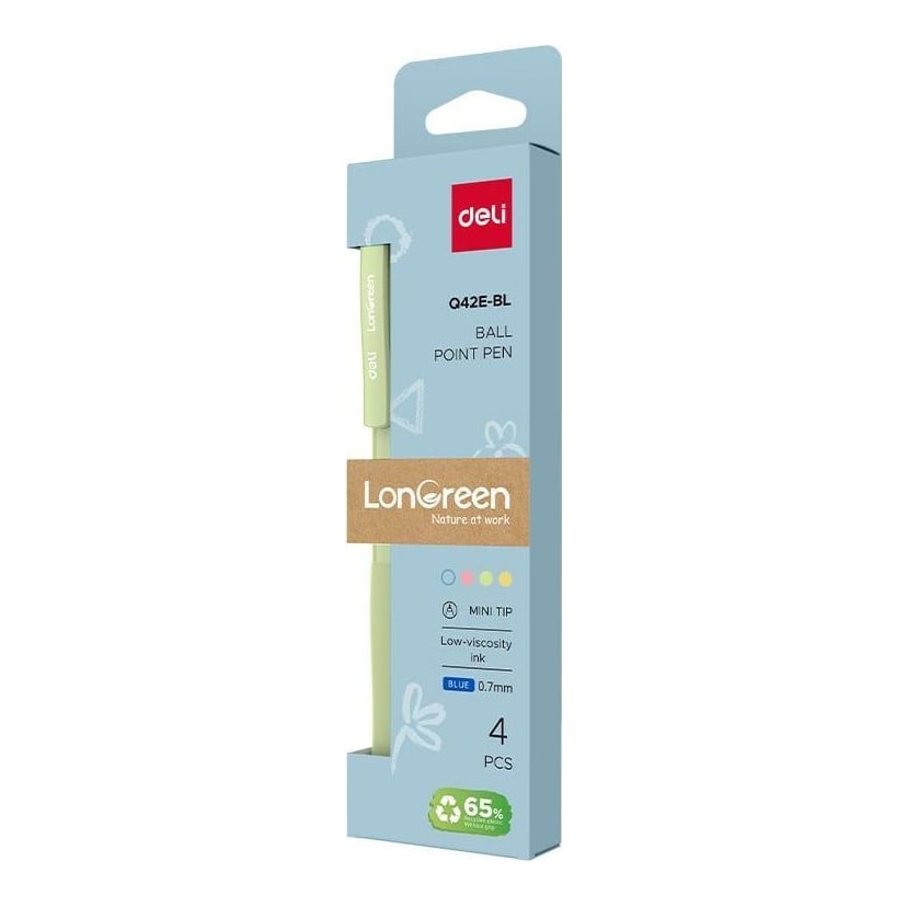 Set 4 Pixuri Cu Mecanism 0.7MM Corp Pastel Albastru Longreen Plastic Reciclat Deli