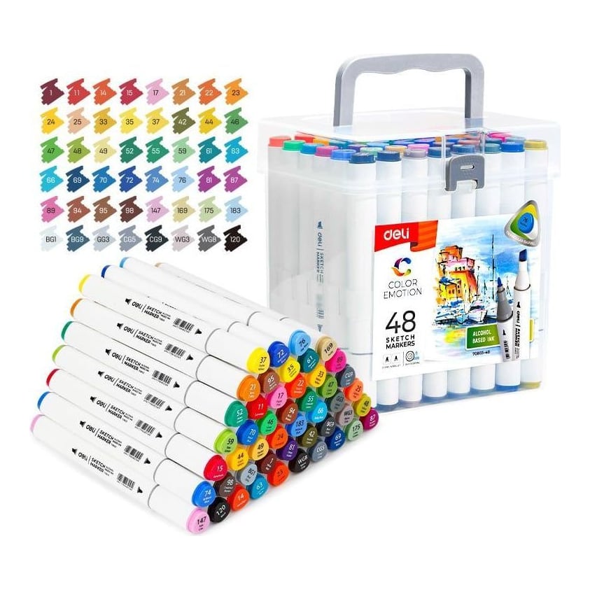 Set 48 Markere Sketching Varf Dublu Rotund 1MM/Tesit 7MM Cut Plastic Color Emotion Deli