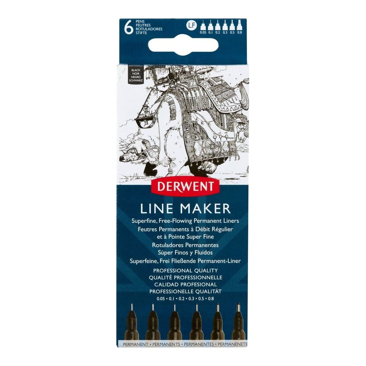 Set 6 Bucati Liner Grafic Profesional (0.05/0.1/0.2/0.3/0.5/0.8 Mm) Negru Derwent