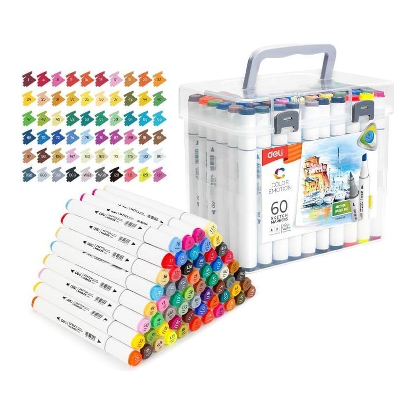 Set 60 Markere Sketching Varf Dublu Rotund 1MM/Tesit 7MM Cutie Plastic Color Emotion Deli