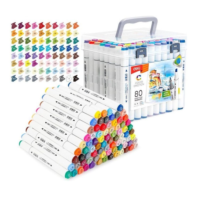 Set 80 Markere Sketching Varf Dublu Rotund 1MM/Tesit 7MM Cut Plastic Color Emotion Deli