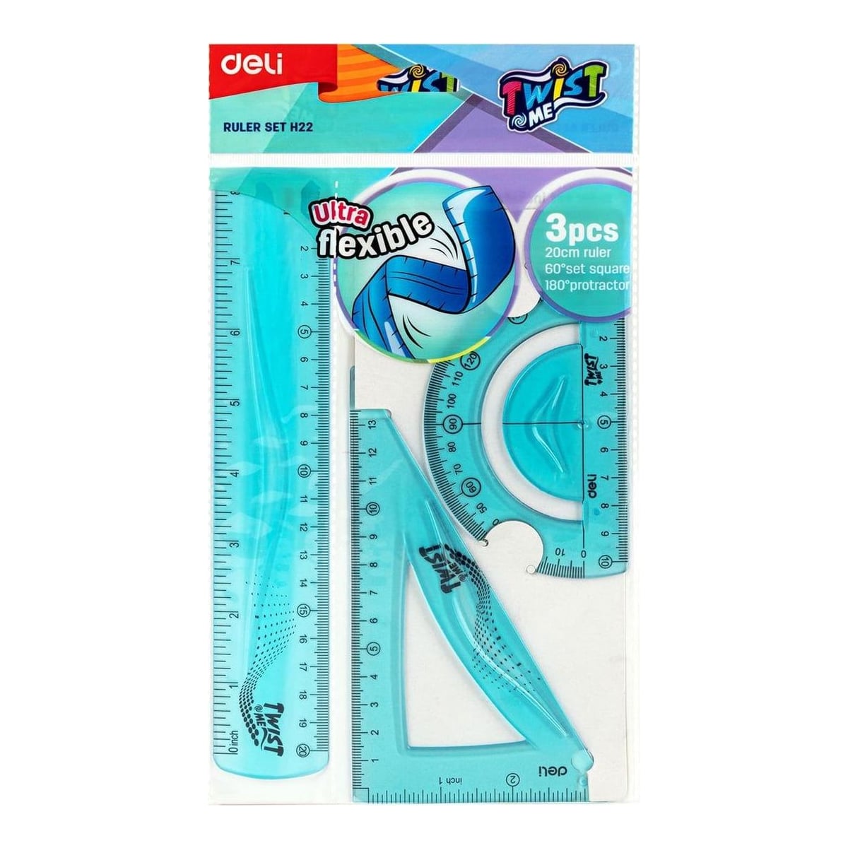 Set Geometrie 3 Piese Flexibil Twist Me Color (RIG.20, ECH.13CM, Raportor) Deli