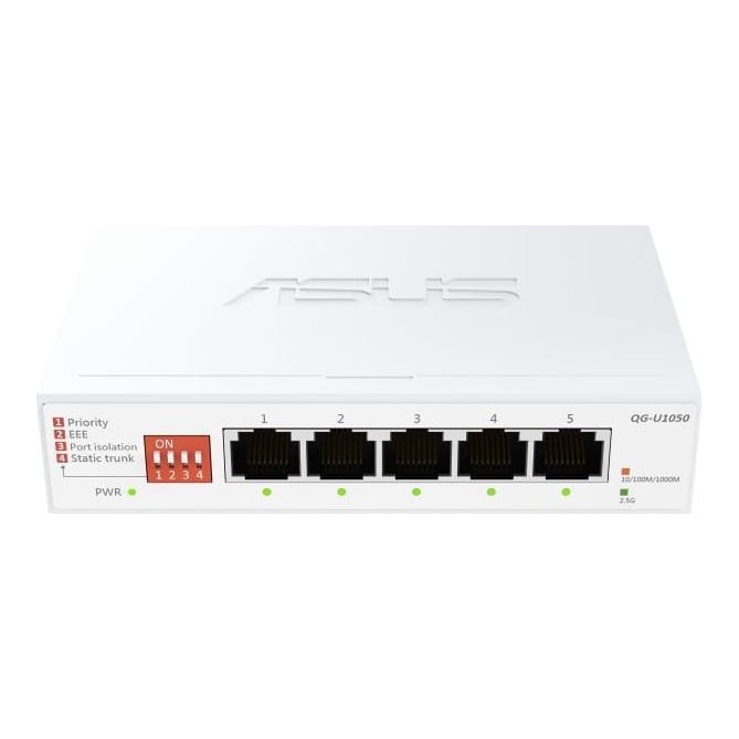 ASUS QG-U1050. Switch type: Unmanaged. Basic switching RJ-45 Ethernet ports type: 2.5G Ethernet (100/1000/2500), Basic switching RJ-45 Ethernet ports quantity: 5. MAC address table: 16000 entries. Networking standards: IEEE 802.3ab, IEEE 802.3az, IEEE 802.3bz, IEEE 802.3u, IEEE 802.3x. DC input