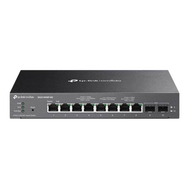 TP-Link Omada 8-Port 2.5GBASE-T and 2-Port 10GE SFP+ Smart Switch with 8-Port PoE+ PORT: 8× 2.5G PoE+ Ports, 2× 10G SFP+ Slots SPEC: 802.3at/af, 160 W PoE Power, Desktop & Fanless Steel Case FEATURE: Integration with Omada SDN Controller, Static Routing, 802.1Q VLAN, STP/RSTP/MSTP, IGMP Snooping