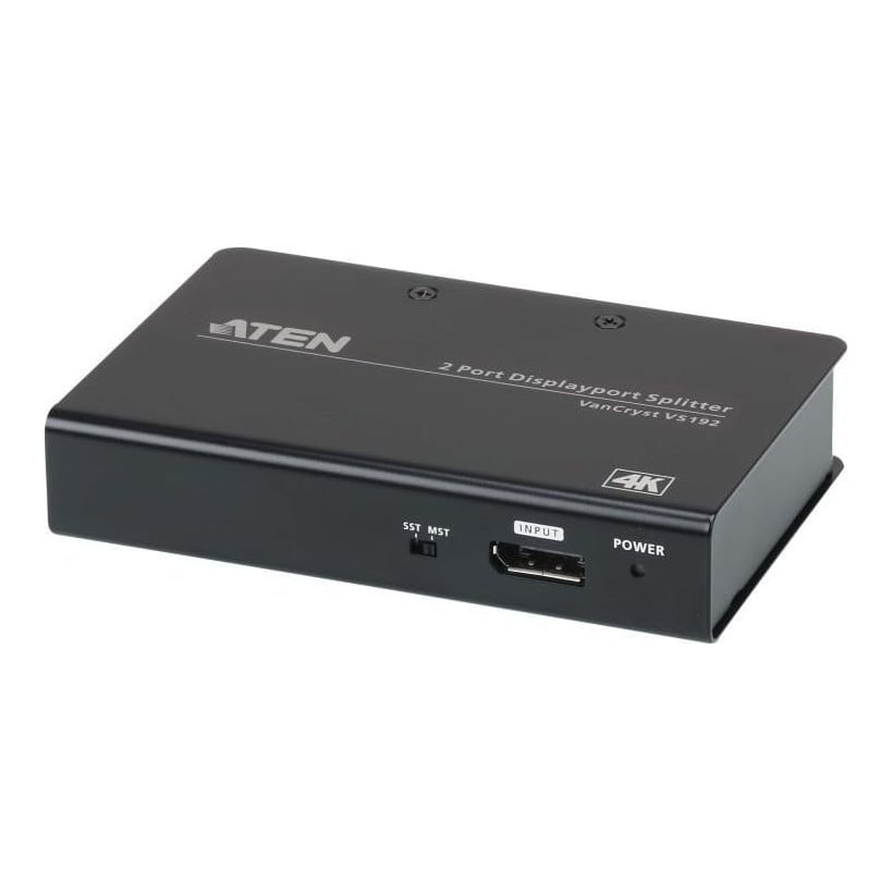 Splitter Aten VS192-AT-G. Video Type portul: DisplayPort, Iesire video: 2x DisplayPort. Rezoluţia maximă: 4096 x 2160 Pixel, Culoarea produsului: Negru, Material carcasă: Metal. Tensiune AC intrare: 5 V, Consum de energie (tipic): 1,185 W. Lățime: 80 mm, Adâncime: 125 mm, Înălţime: 25 mm. Lăţime de