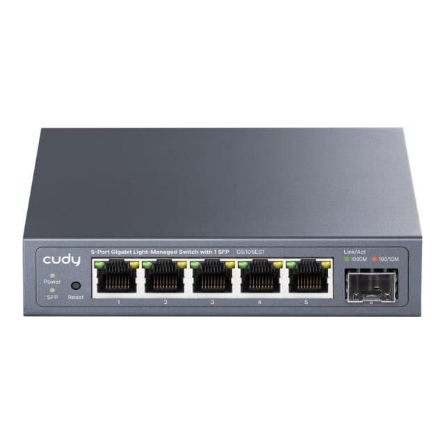 Cudy 5-Port Gigabit Easy-Managed Switch, 5× GbE, 1× 1.25G SFP, VLAN (802.1Q/MTU/Port-Based), QoS (802.1p/DSCP/Port-Based), gri