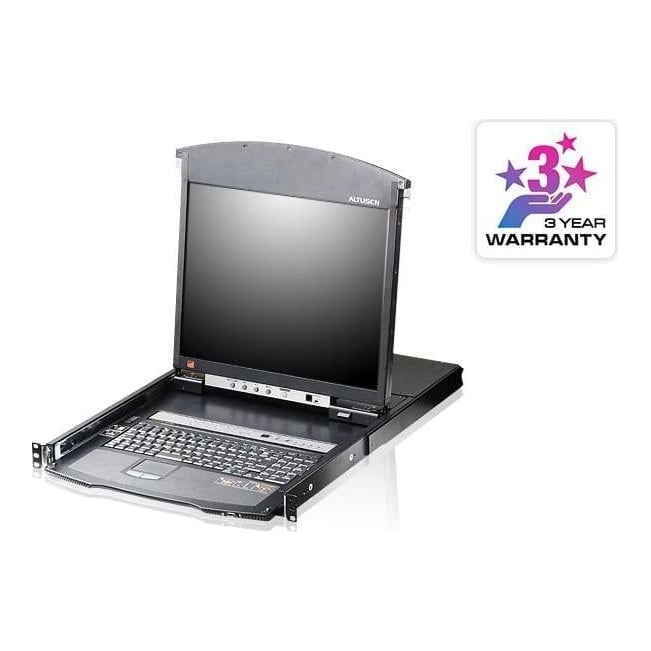 KVM-LCD Aten KL1508AIN-AXA-XG. Diagonala afișajului: 48,3 cm (19"), Ecran: LCD. Tastatură de tip port: USB, PS/2, Mouse tip de port: USB, PS/2, Video Type portul: VGA. Limbă tastatură: Engleză SUA, Schemei de tastatură: QWERTY. Consum de energie (tipic): 27,5 W, Curent de intrare: 1 A. Lățime: 480