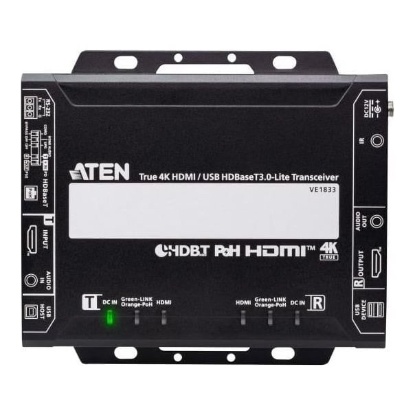 Video Extender Aten 4K HDMI/USB HDBaseT; Tipul: Emițător & receiver AV, Rezoluţia maximă: 4096 x 2160 Pixel, Maximă de transfer de la distanţă: 40 m. Tehnologia de conectare: Prin cablu, Conector USB: USB Tip-A, USB Tip-B. Tip de sursă de curent: DC, Consum energie (TX): 6,01 W, Consum energie (RX)