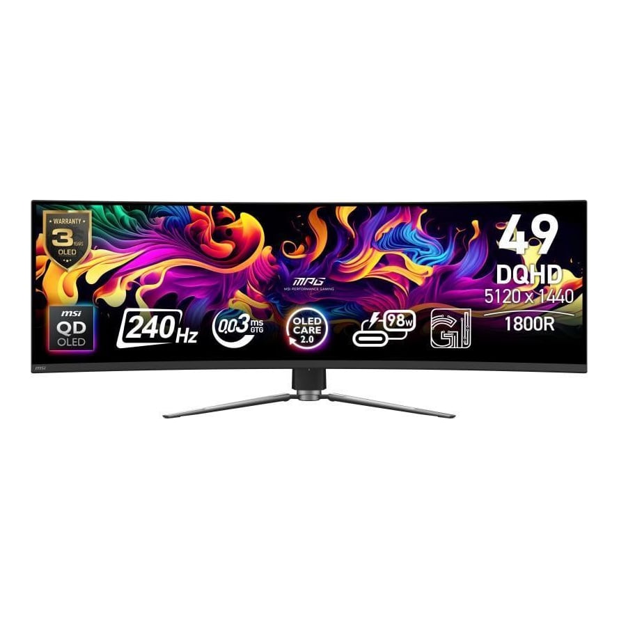 MSI MPG 491CQPX QD-OLED. Display diagonal: 124.5 cm (49"), Display resolution: 5120 x 1440 pixels, HD type: Dual QHD, Display technology: QD-OLED, Response time: 0.03 ms, Native aspect ratio: 32:9, Viewing angle, horizontal: 178°, Viewing angle, vertical: 178°. Built-in USB hub. VESA mounting