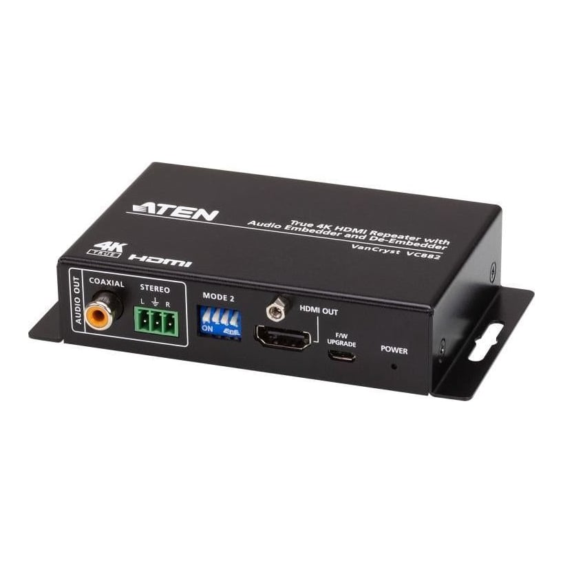 Repeater ATEN VC882: Tipul: Repeater AV, Rezoluţia maximă: 4096 x 2160 Pixel, Maximă de transfer de la distanţă: 5 m. Tehnologia de conectare: Prin cablu, Conector USB: Micro-USB, Intrare audio: 3-pin terminal. Lățime: 82,2 mm, Adâncime: 122,2 mm, Înălţime: 25 mm. Lăţime de ambalaj: 59 mm, Adâncimea