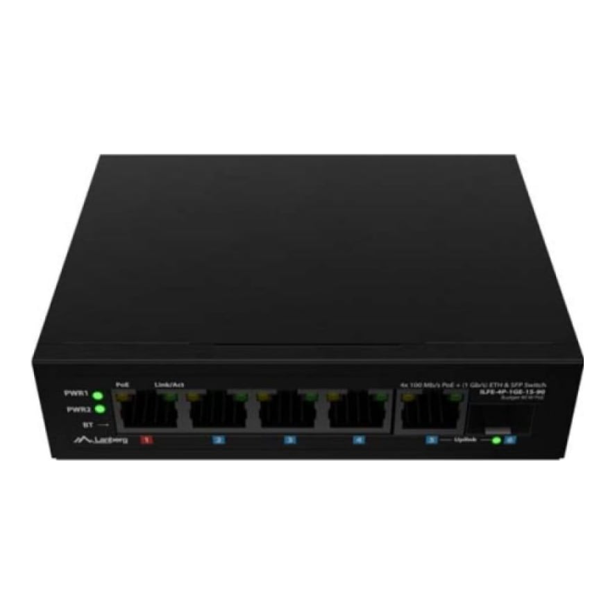 Switch Lanberg ILFE-4P-1GE-1S-90, 1 port 100BASE-T 802.3bt PoE++, 3 porturi 100BASE-T 802.3af/802.3at PoE+, Unmanaged, maxiumum network link speed 100 Mbps, 1000 Mbps, latime de banda 12 Gbps, standar PoE 802.3at, 802.3af, 802.3bt