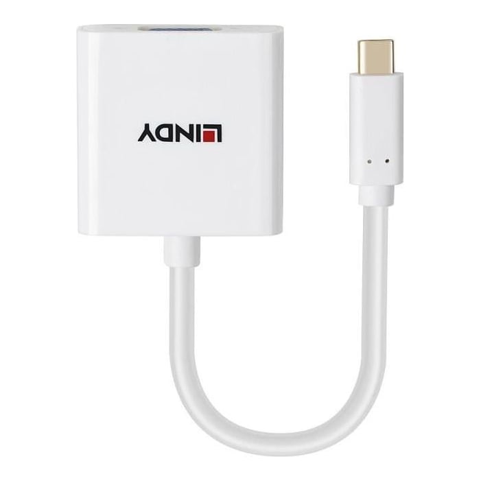 Lindy USB-C - VGA Converter, Maximum Input Resolution: 1920x1200@60Hz, Chipset: LT8711V, inputs: 1 x USB Type C (Male), Outputs: 1 x VGA (Female), alb