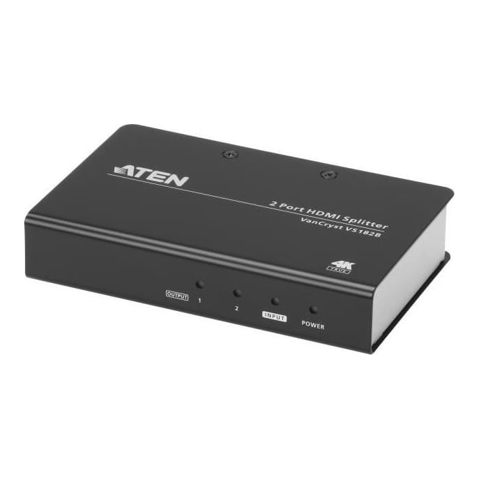 Splitter True 4K ATEN VS182B-AT-G. Video Type portul: HDMI, Iesire video: 2x HDMI. Rezoluţia maximă: 4096 x 2160 Pixel, Culoarea produsului: Negru, Material carcasă: Metal. Tensiune AC intrare: 5 V, Consum de energie (tipic): 4,24 W. Lățime: 80 mm, Adâncime: 125 mm, Înălţime: 25 mm. Cantitate per