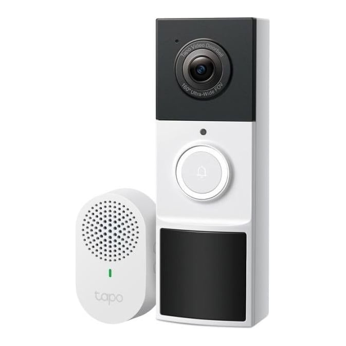 TP-Link Video Doorbell Camera 1×Tapo D210 + 1×Tapo D100C SPEC: 2K 3MP(2304×1296), 2.4 GHz, 6400mAh rechargeable lithium-ion battery, Chime included FEATURE: Ringtones, Head to Toe View(16:9), Smart Detection and Notifications (Motion, people), Quick Response, Video Call, Remote Control, Two-Way Audio, Voice