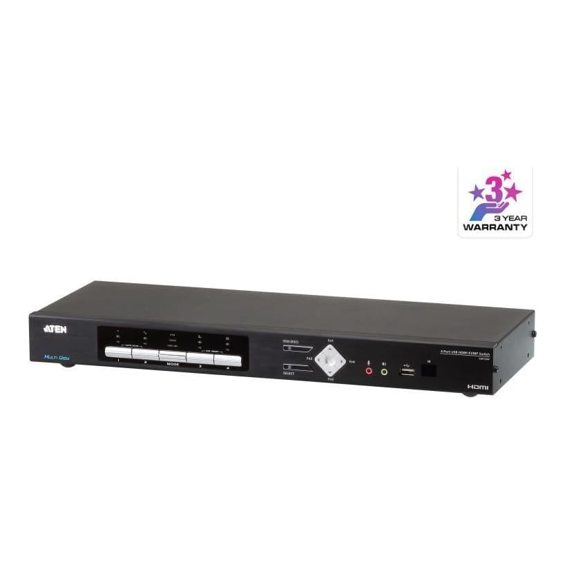 Switch KVM desktop ATEN CM1284. Tastatură de tip port: USB, Mouse tip de port: USB, Video Type portul: HDMI. Tip HD: 4K Ultra HD, Rezoluţia maximă: 4096 x 2160 Pixel, Lungime de bandă video: 30 Hz. Culoarea produsului: Negru, Capacitate portbagaj: 1U, Material carcasă: Metal. Sursă de alimentare