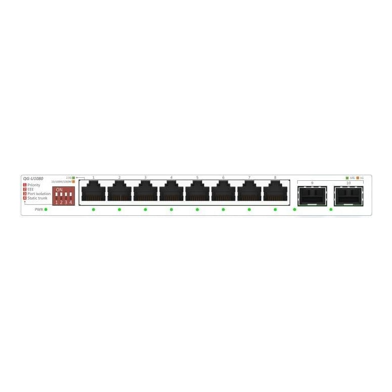 ASUS QG-U1080. Switch type: Unmanaged. Basic switching RJ-45 Ethernet ports type: 2.5G Ethernet (100/1000/2500), Basic switching RJ-45 Ethernet ports quantity: 8. MAC address table: 16000 entries. Networking standards: IEEE 802.3ab, IEEE 802.3bz, IEEE 802.3u, IEEE 802.3x, IEEE 802.3az. DC input