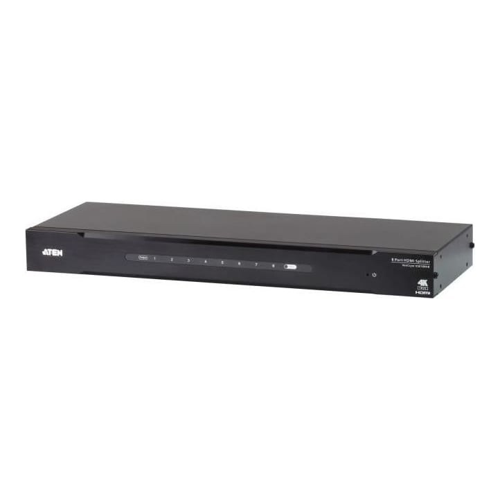 Splitter HDMI Aten VS0108HB; Video Type portul: HDMI, Iesire video: 8x HDMI. Rezoluţia maximă: 4096 x 2160 Pixel, Culoarea produsului: Negru, Material carcasă: Metal. Tensiune de ieşire: 5 V, Consum de energie (tipic): 11,95 W. Lățime: 157,8 mm, Adâncime: 437,2 mm, Înălţime: 44 mm. Lăţime de