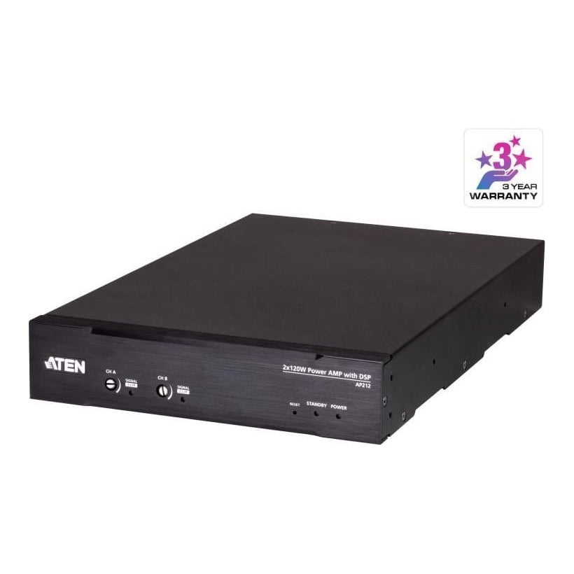 Amplifficator auto ATEN AP212-AT-G. Vârf de putere pe canal: 240 W, Clasa amplificatorului: D, THD, distorsiune armonică totală: 0,1%. Tip de conectivitate difuzoare: Euroblock, Tip conector RS-232: 3-pini. Tip de sursă de curent: AC, Tensiune AC intrare: 100 - 240 V, Frecvență de intrare AC: 50/60