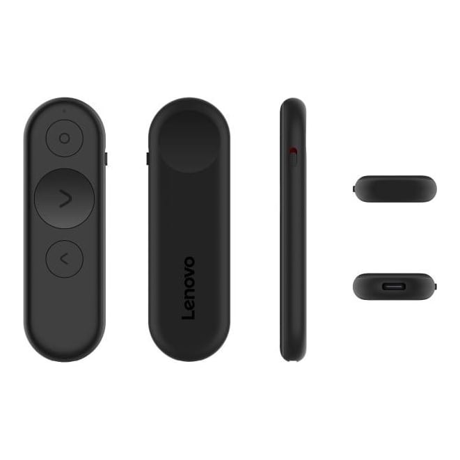 Lenovo Portable Rechargeable Presentation Remote; Connectivity: Bluetooth 5.3; Product Dimensions: 9.6 x 29.8x 92.7 mm; Color: Black; Battery Charging Time: About 2.5H; Packed Weight: 55g; Number of Button: 3 Buttons; Warranty Period: 1 Year