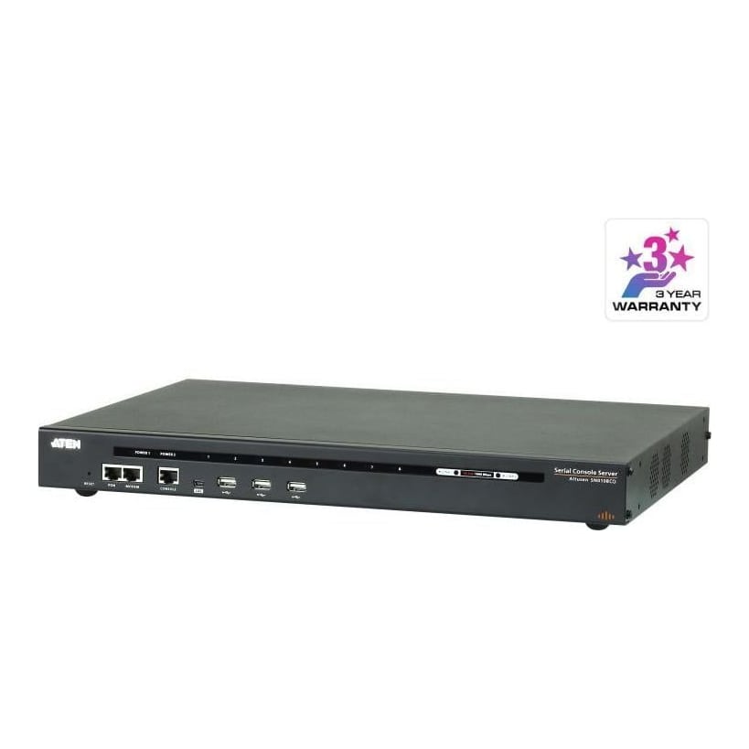 ATEN SN0108CO-AXA-G. Console port: RJ-45/Mini-USB. Dimensions (WxDxH): 329.8 x 437.2 x 44 mm, Weight: 5.26 kg. Power source type: AC, AC input voltage: 100 - 240 V, AC input frequency: 50 / 60 Hz. Certification: RoHS