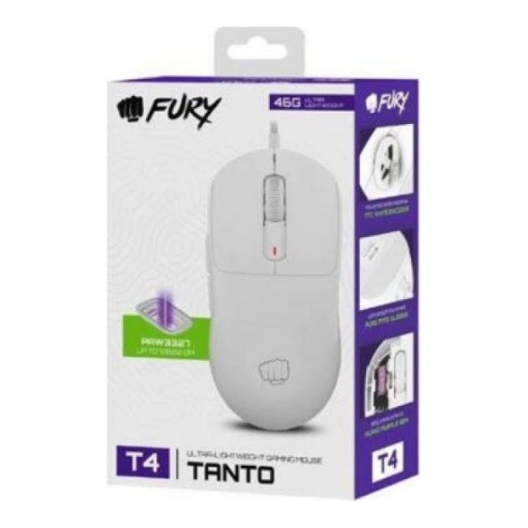Mouse gamging cu fir Fury Tanto T4, rezolutie 12000DPI, senzor Pixart PAW3327, switch Huano Purple 90M, alb