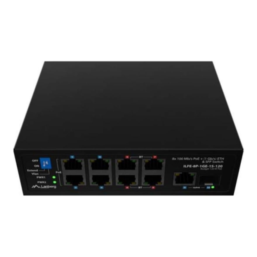 Switch Lanberg ILFE-8P-1GE-1S-120, 1x 1000BASE-T, 1x 1000BASE-X SFP, 4x 100BASE-T 802.3af/802.3at PoE+, 4x 100BASE-T 802.3bt PoE++, maxiumum network link speed 1 Gbps, standarde PoE 802.3at, 802.3af 802.3bt