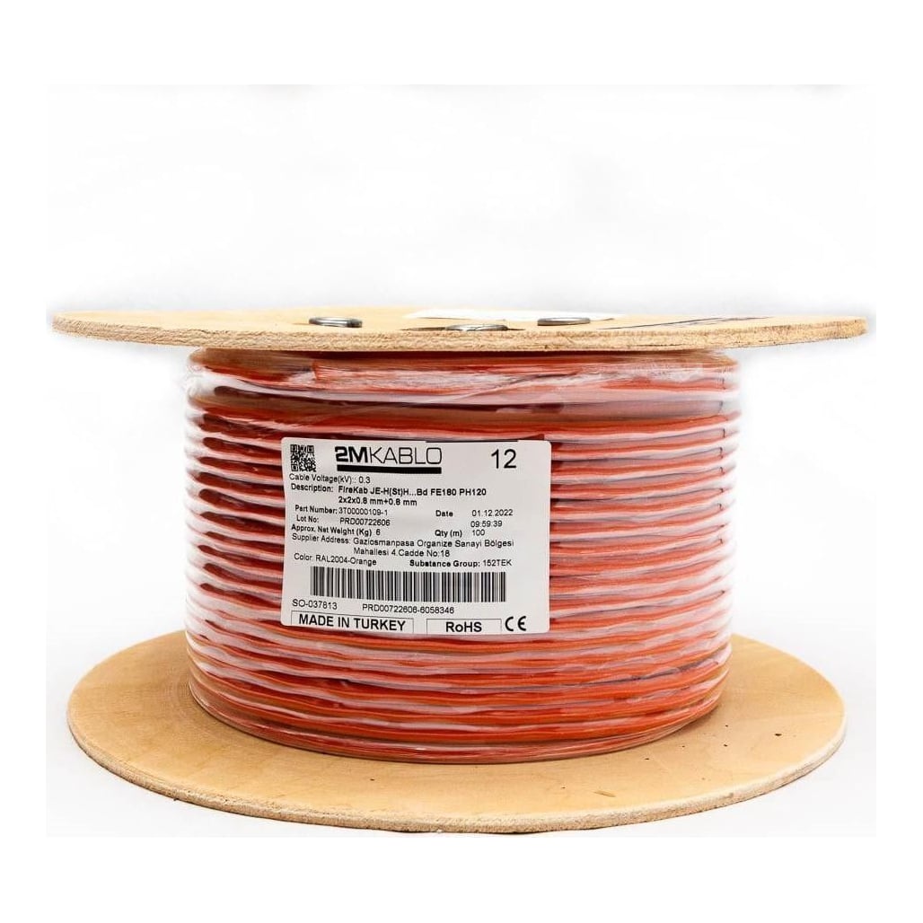 2MKABLO "Cablu incendiu JEH(St)H...Bd FE180 PH120 2x2x0.8 mm+0.8 , rezistenta la foc 120 minute, compatibilitate E30/E90producator 2M Kablo, 3T00000109-100Diametru fir: 0.8mmConductor: perechi torsadate cu protectie din fibra de sticla, cupru 100%Culori fire: conform -VDE0815Manta: Halogen free, si