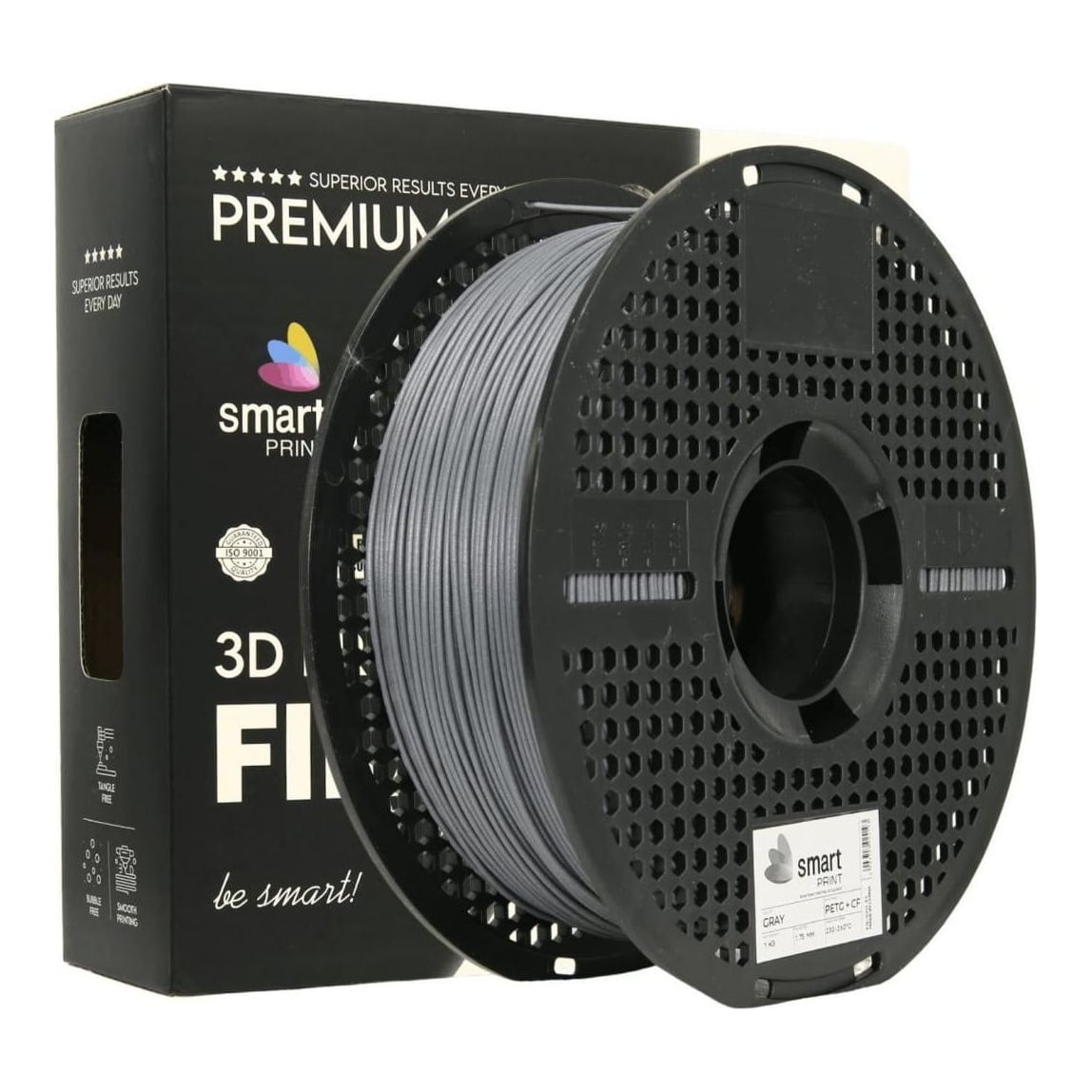 SMART PRINT 3D FILAMENT 1KG PETG+CF GRAY, continut de fibra de carbon, reztenta la deformare, rezistenta la caldura sporita, recomandare utilizare impreuna cu imprimanta cu incinta inchisa. Diametru: 1.75mm, Greutate: 1kg, Temperatura duza: 255C - 270C, Temperatura platforma printare: 80C - 90C.