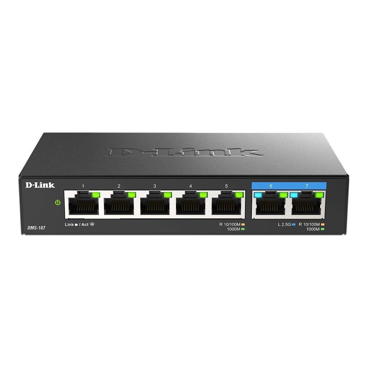 D-Link switch DMS-107, 7 porturi, Standarde si protocoale: IEEE 802.3 10BASE-T, IEEE 802.3u 100BASE-TX, IEEE 802.3ab 1000BASE-T, IEEE 802.3bz 2.5GBASE-T5 porturi Gigabit, 2 porturi 2.5Gbps, Capacitate 20 Gbps, fara ventilator, carcasa metal, dimensiuni: 145 x 82 x 28 mm, Greutate: 295.2 g, Auto