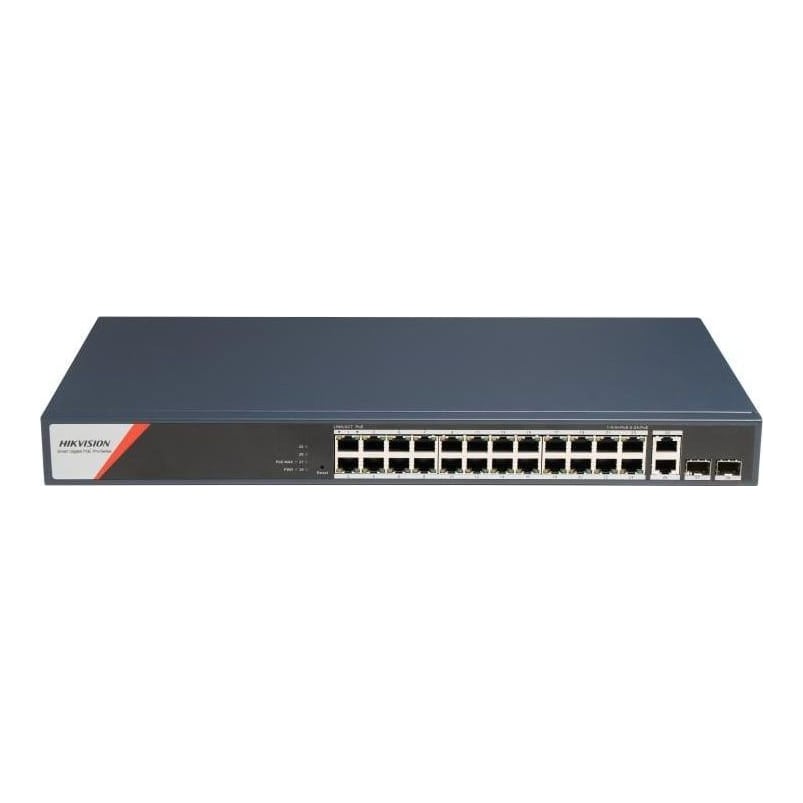 Switch PoE Hikvision DS-3E1528HP-SI-24P2T2F: 24 x 10/100/1000 Mbps PoE Ports, 2 × 10/100/1000 Mbps RJ45, 2 x 10/100/1000 Mbps SFP, 24 porturi PoE maxim 90W, buget PoE 370W, tensiune alimentare: 100-240V~ 50/60Hz 6.3 A, dimensiuni: 440 mm × 44 mm × 220.8 mm, greutate: 2.975kg, montare pe birou sau in