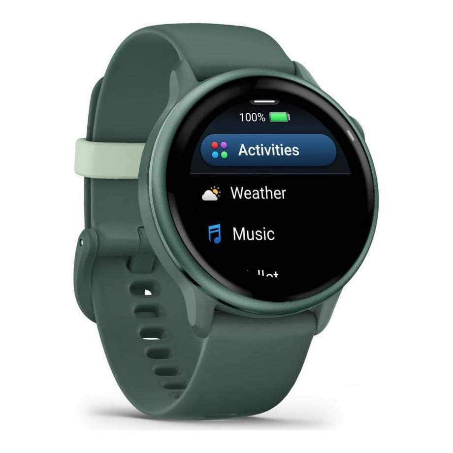 Ceas Garmin vívoactive 6 display AMOLED, dimensiune afisaj 30.4 mm, rezolutie afisaj 390 x 390 pixeli, memorie 8GB, autonomie până la 11 zile (5 zile cu afişajul permanent pornit) rezistanta la apa pana la 5 ATM, greutate: 23g, ramă Jasper Green cu curea Bone, carcasă Green Metallic şi curea din