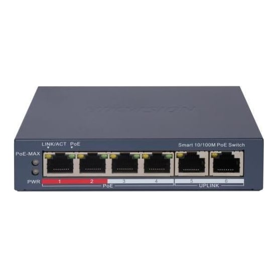 Switch PoE Hikvision DS-3E1106P-EI: 4 × 10/100 Mbps PoE port,2 × 10/100 Mbps RJ45 port, 4 porturi PoE maxim 30W, buget PoE 60W, tensiune alimentare 65 W, dimensiuni: 121.1 mm × 27.6 mm × 83.1 mm, greutate: 0.270kg, montare pe birou sau pe perete.