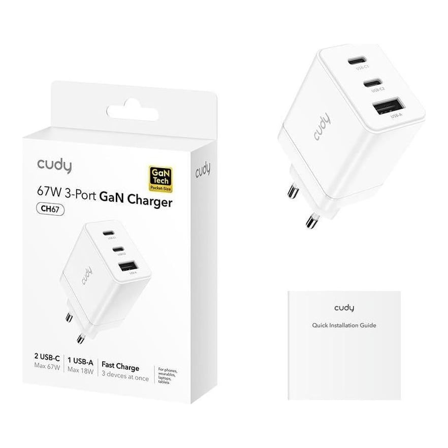 CUDY 3-Port 67W USB-C Charger EU Plug