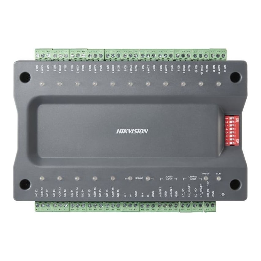 Extensie controler lift Hikvision DS-K2M0016A, 2 x interfata RS-485, 2 x intrari alarma, 16 x intrari de releu, 1 x buzzer, comunicare RS-485 cu Master controler, sistemul permite o configuratie pana la 8 extensii, alimentare: 12 VDC, dimensiuni: 167mm x 105mm x 30mm