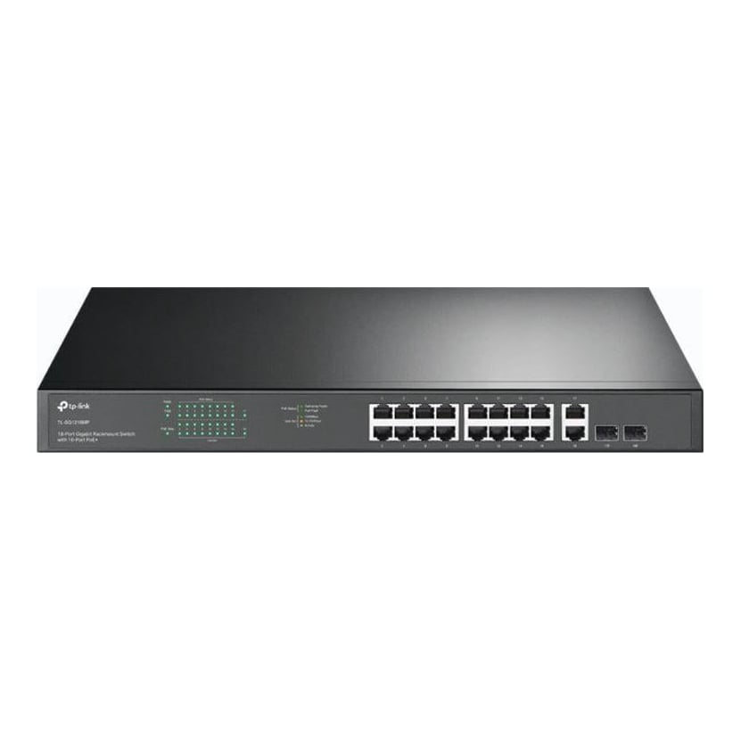 TP-Link "18-Port Gigabit Rackmount Switch with 16-Port PoE+ PORT: 16× Gigabit PoE+ Ports, 2× Gigabit Non-PoE Ports, 2× Combo Gigabit SFP Slots SPEC: 802.3at/af, 250 W PoE Power, 1U 19-inch Rack-mountable Steel Case FEATURE: Plug and Play"