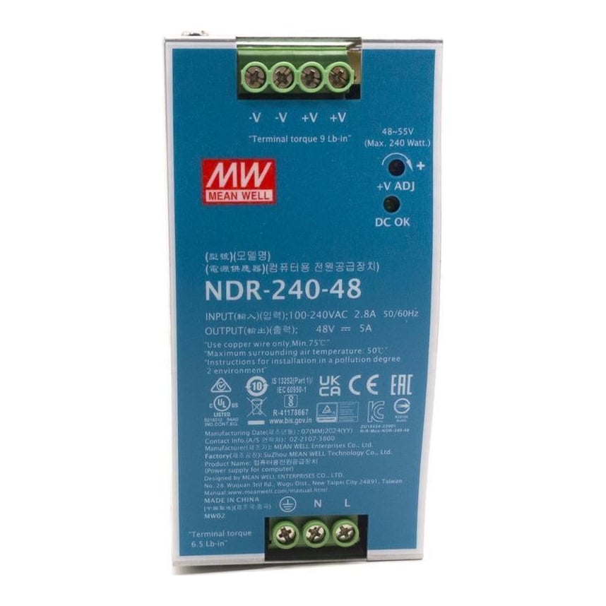 Sursa de alimentare Hikvision NDR-240-48; Tensiune iesire: 48VDC @5A, Tensiune alimentare: 90 ~ 264VAC 127 ~ 370VDC @47 ~ 63Hz, Protectii: Supratensiune, Supraincalzire; Dimensiuni: 63 mm × 125.2 mm × 113.5 mm, greutate: 83g.