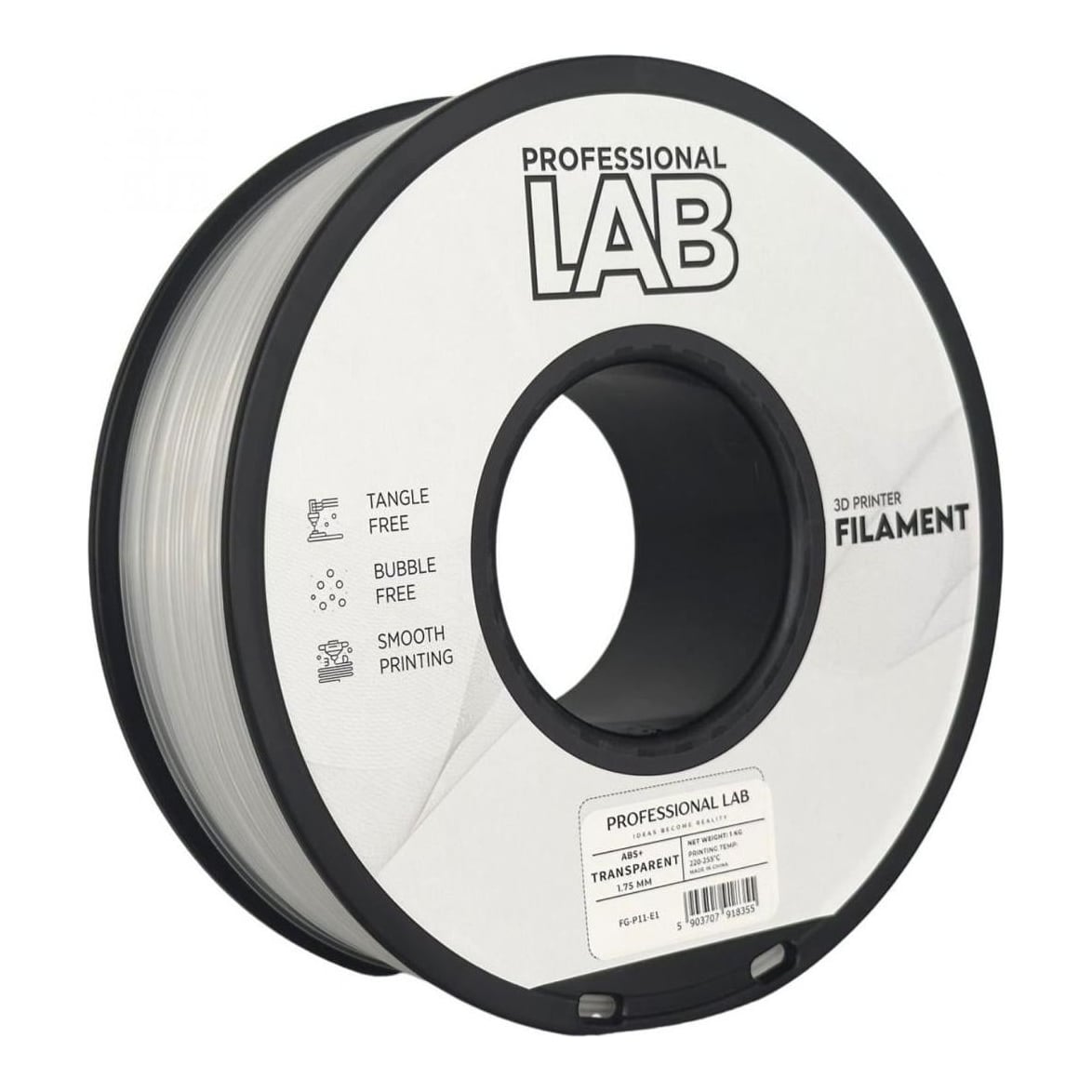 PROFESSIONAL LAB 3D FILAMENT 1KG ABS+ TRANSPARENT, Diametru:1.75mm, GreutateL 1KG, Temperatura duza: 220C – 250C, Temperatura platforma: 95C – 110C,