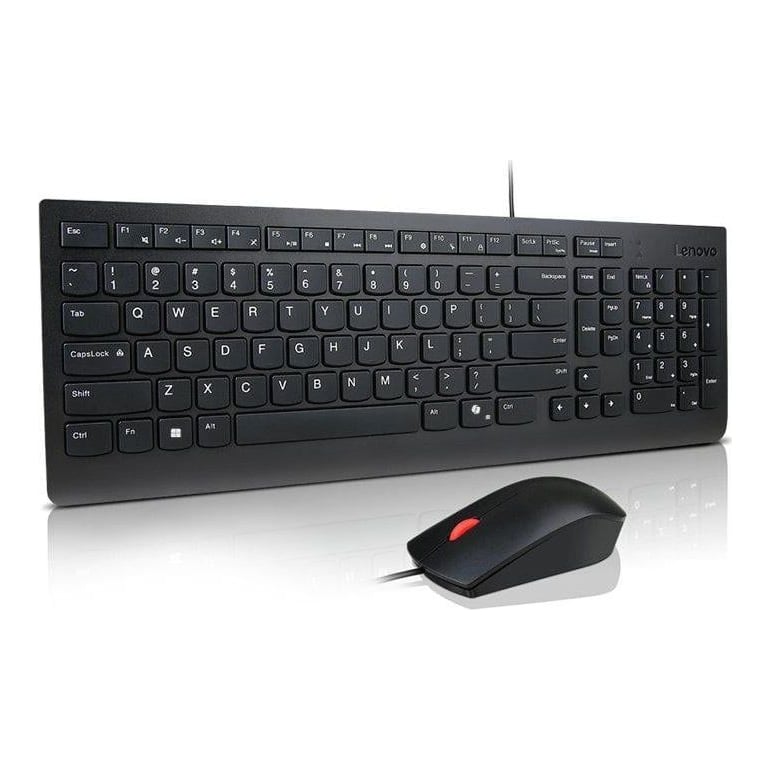 Lenovo Essential Wired Combo Keyboard and Mouse; Connectivity: Wired; Number of Button: 3; Mouse Resolution: 1600 DPI; Mouse Sensor: Optical sensor; Product Weight: Keyboard - 0.57 kg, Mouse - 69 g; Packed Weight: 0.91 kg; Color: Black; Warranty Period: Warranty Period