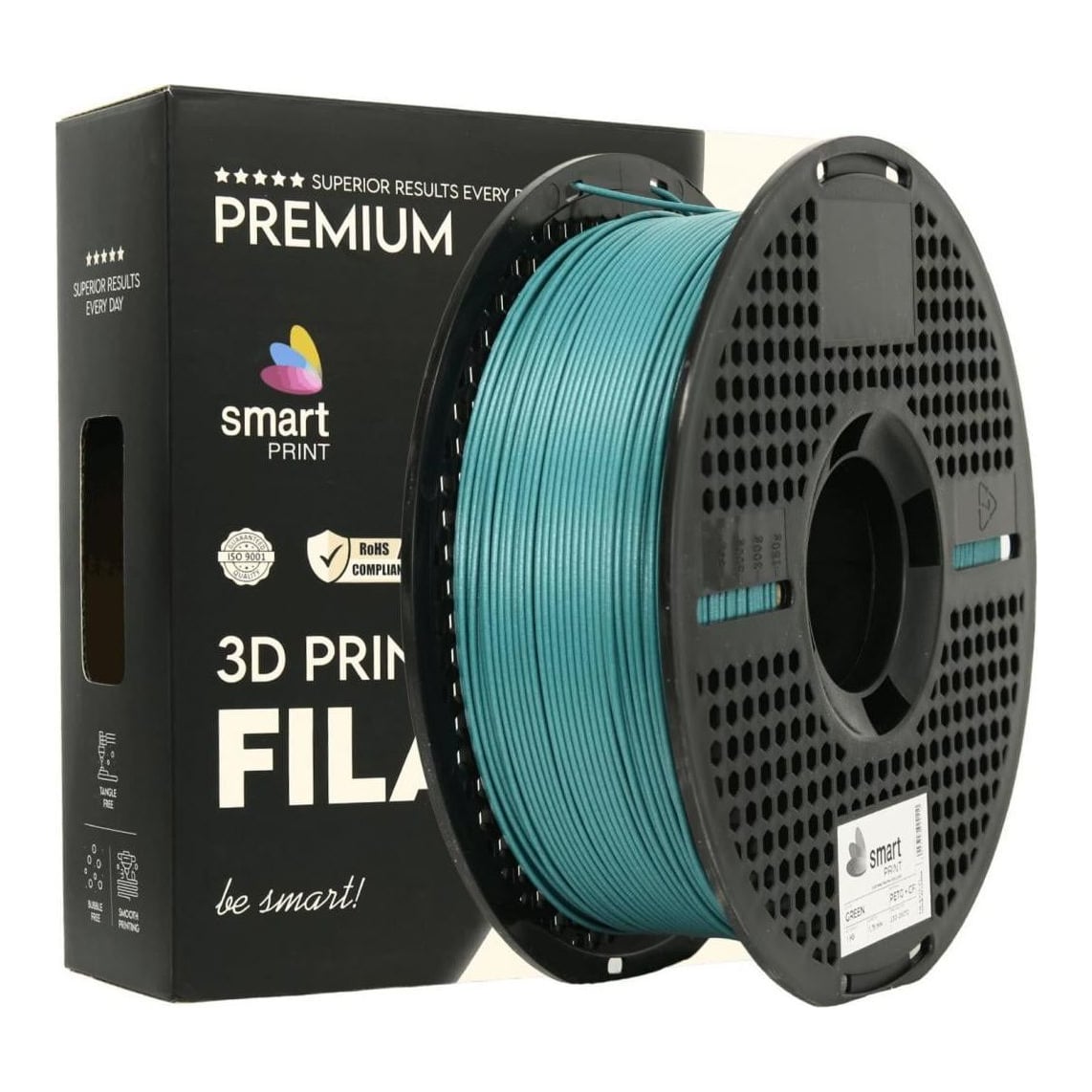 SMART PRINT 3D FILAMENT 1KG PETG+CF GREEN, continut de fibra de carbon, reztenta la deformare, rezistenta la caldura sporita, recomandare utilizare impreuna cu imprimanta cu incinta inchisa. Diametru: 1.75mm, Greutate: 1kg, Temperatura duza: 255C - 270C, Temperatura platforma printare: 80C - 90C.